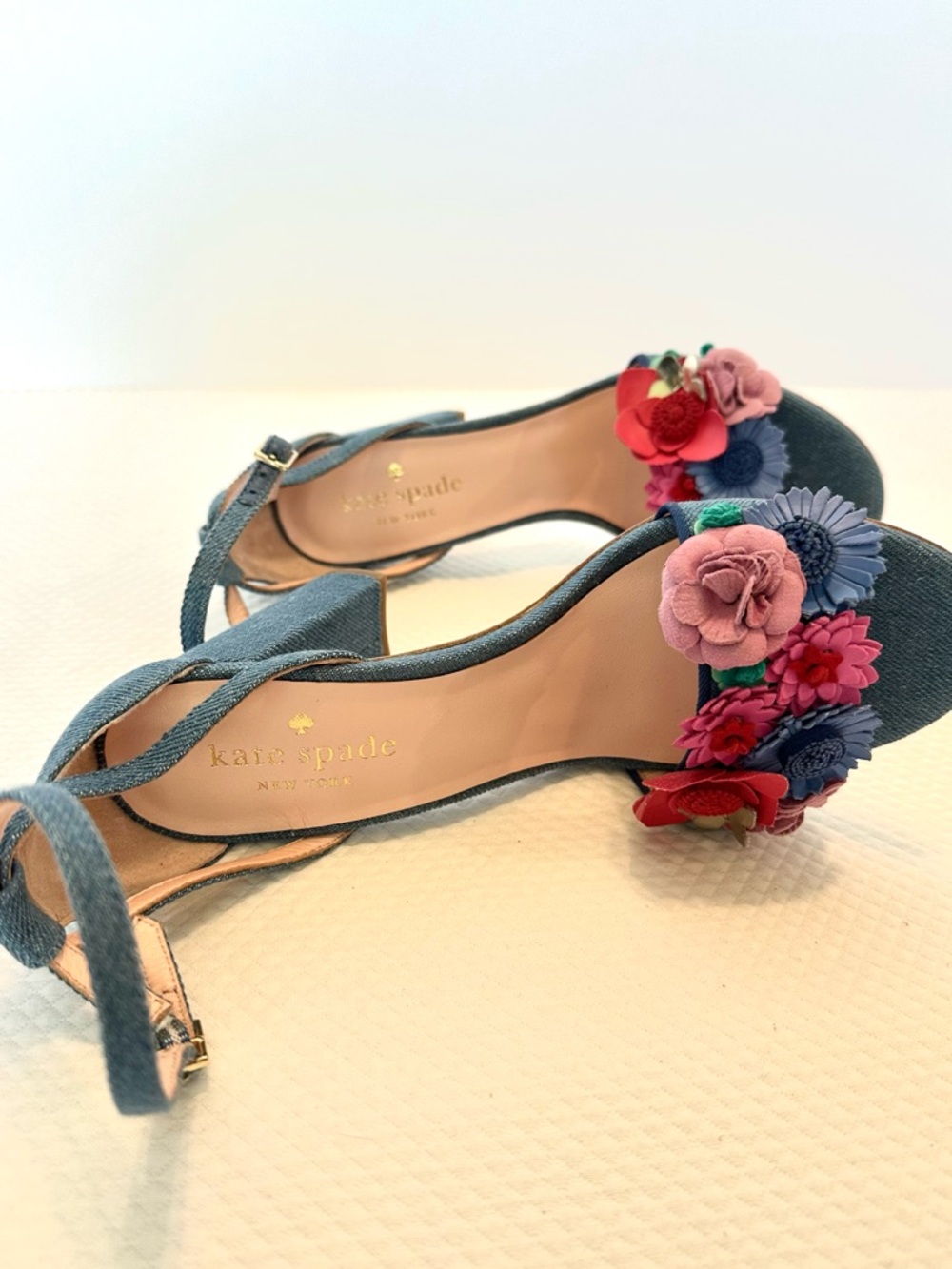 Kate Spade NY RARE Blue Denim Block Heel Sandals with Floral Appliqué Festive - Picture 5 of 10